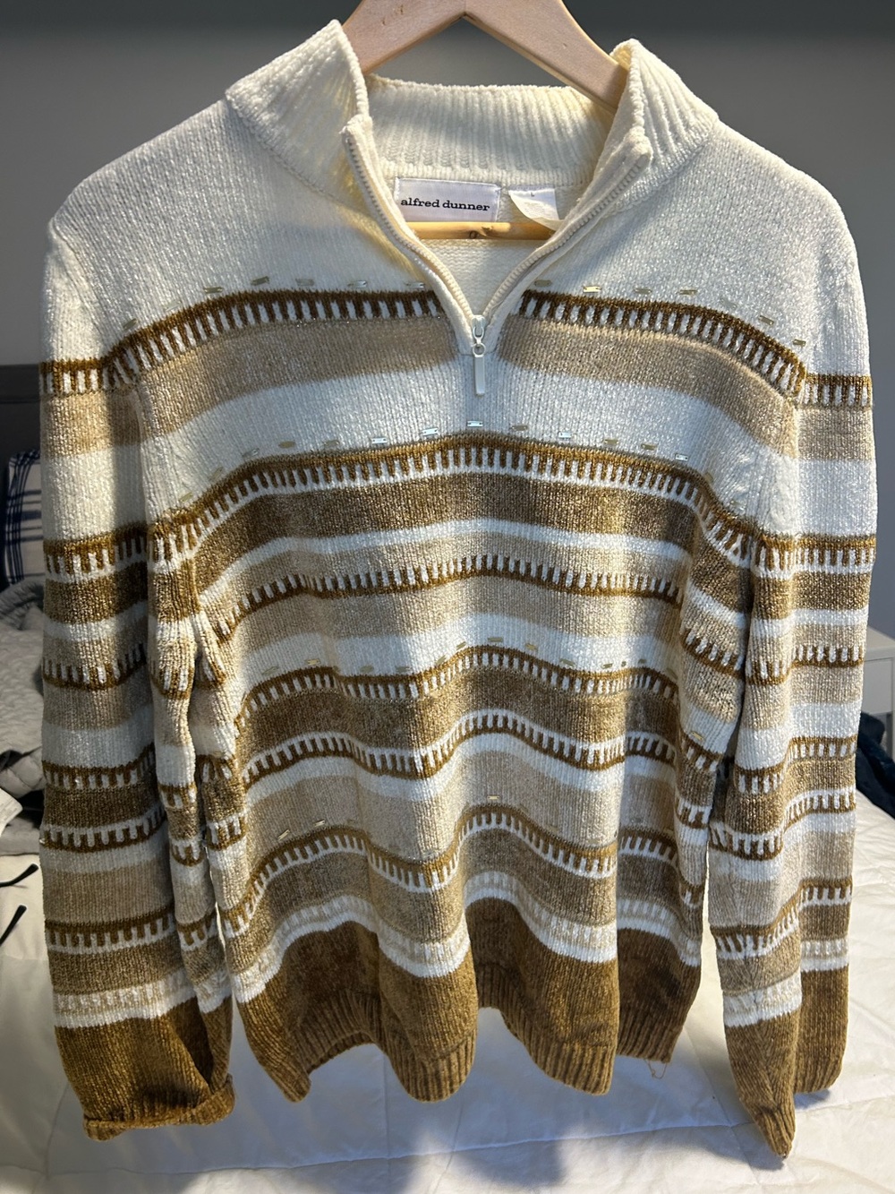 Alfred Dunner Cream and Brown Quarter-Zip Sweater